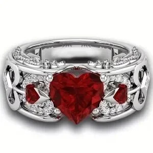 Elegant Silver And Red Heart Ring.
